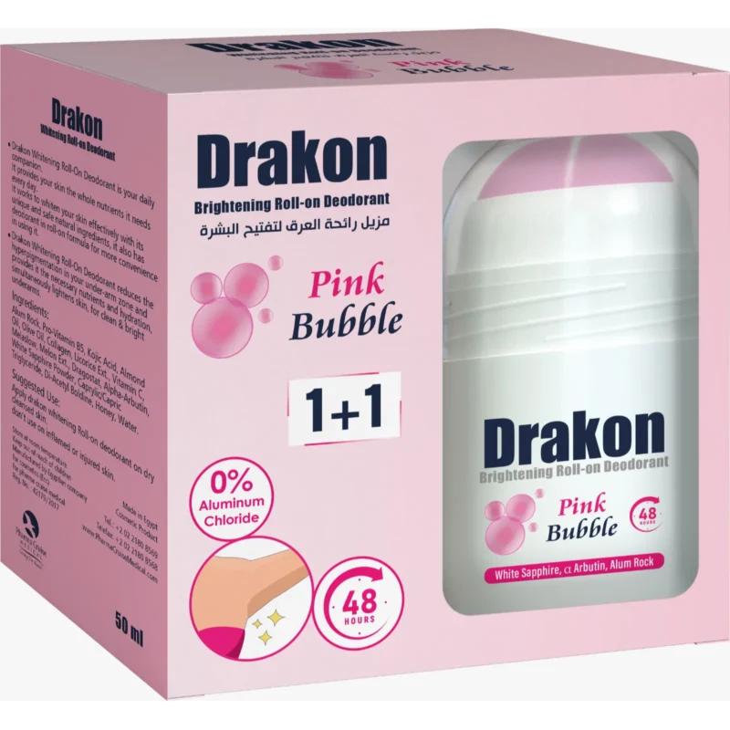 1+1 Drakon | Whitening Roll-On Deodorant Pink Bubble | 50ml  1+1 دراكون | مزيل العرق رول أون المبيض بينك بابل | 50 مل