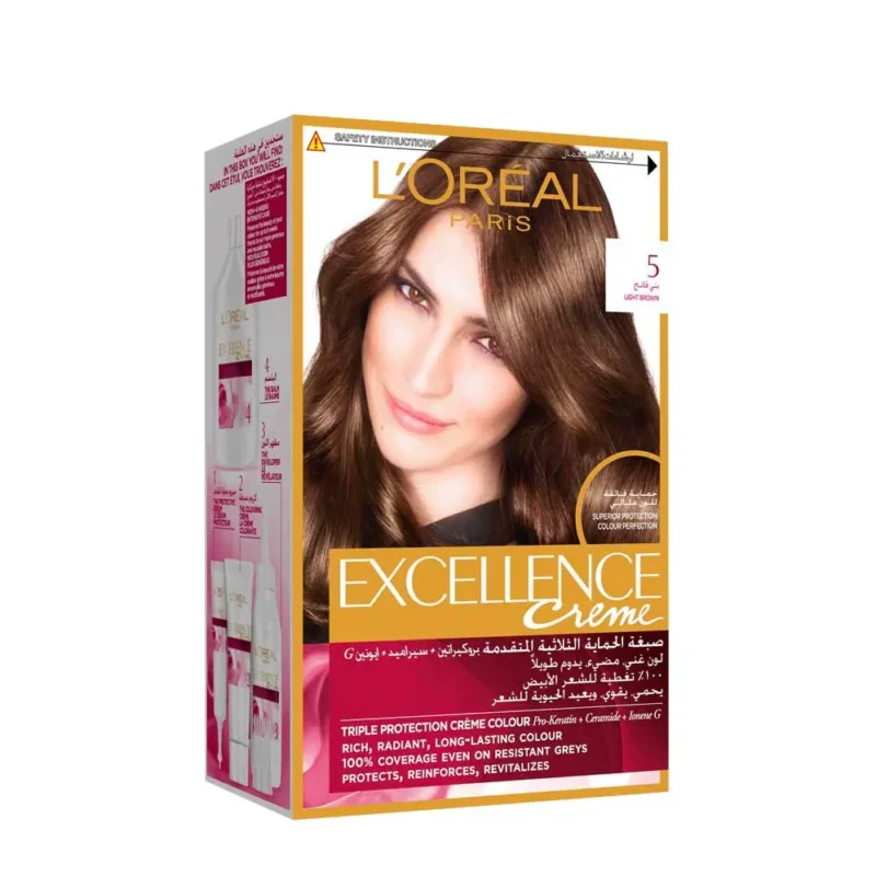 LâOreal Paris | Excellence CrÃ¨me Hair Color | 5 Light Brown  لوريال باريس | كريم إكسلانس لتلوين الشعر | 5 بني فاتح